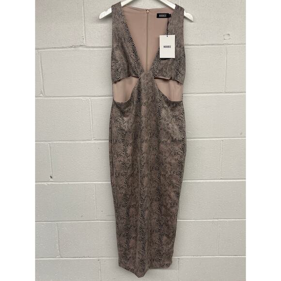 NWT Nookie Sz L Gigi Natural Snakeskin Print Plunge Neck Cut Out Midi Dress Sexy - Picture 3 of 5